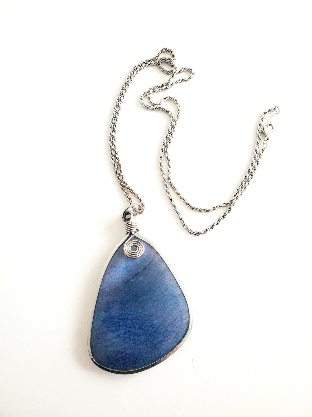 Sterling Wire-Wrapped Blue Dragon Vain Agate Pendant Necklace